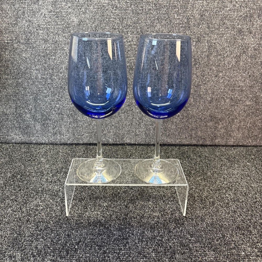 Vtg~Libbey~Vina Blue Wine Glasses~Set of 2~Clear Stem~9.25"